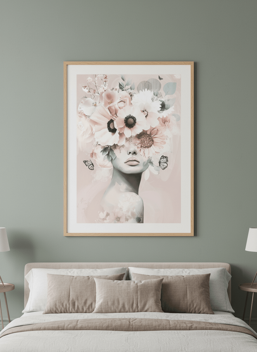 Minimalist artwork displayed in a calm, light-filled bedroom interior