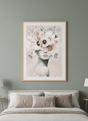 Minimalist artwork displayed in a calm, light-filled bedroom interior