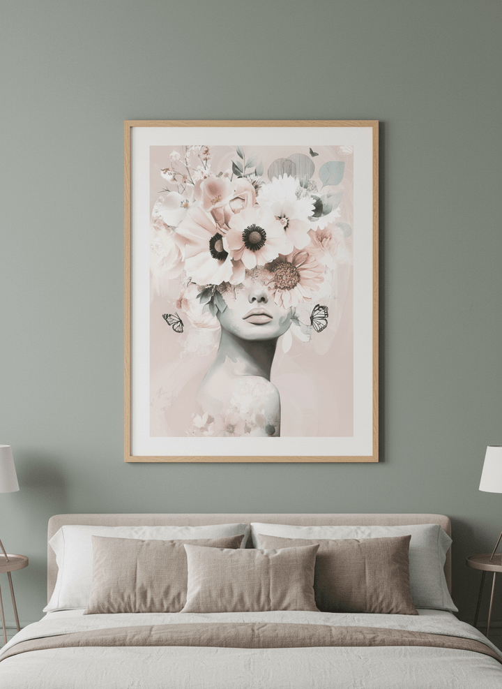 Minimalist artwork displayed in a calm, light-filled bedroom interior