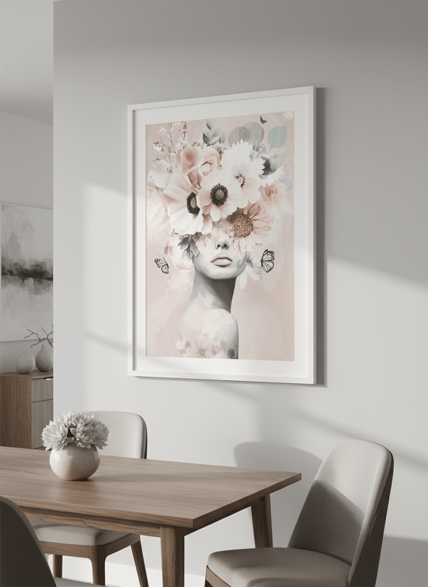 Wall art styled above a dining table in a contemporary home