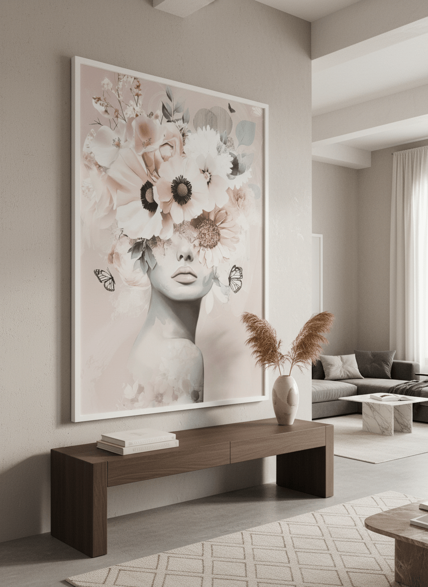 Monumental artwork centred on a feature wall in a luxe interior