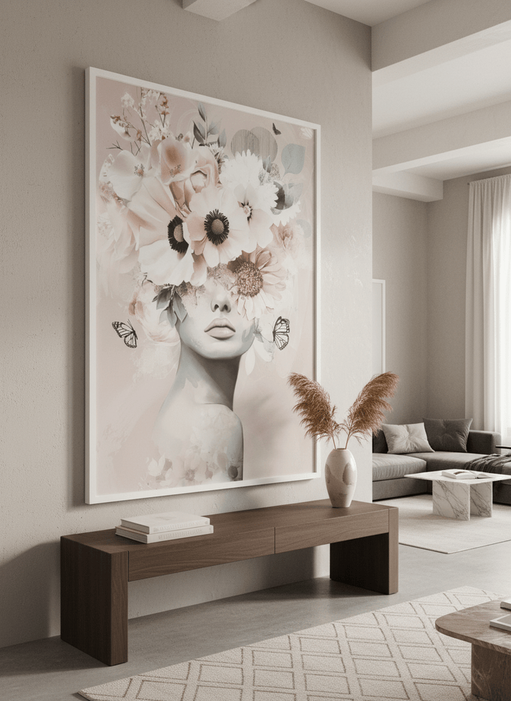 Monumental artwork centred on a feature wall in a luxe interior