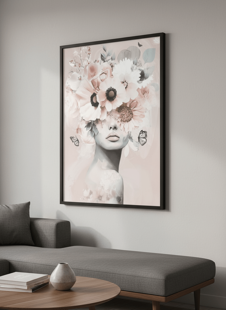 Modern wall art styled above a sofa in a neutral living room