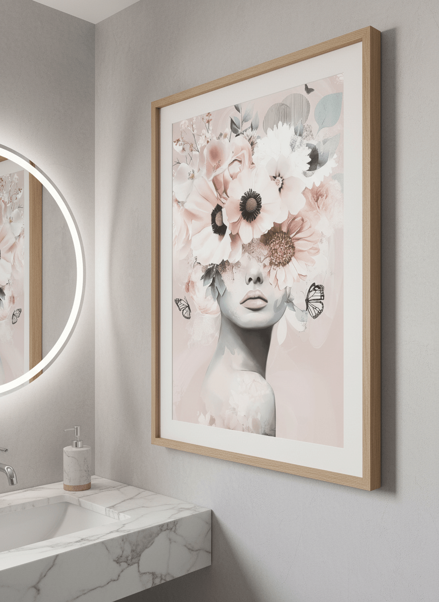 Modern print displayed in a clean minimalist bathroom setting