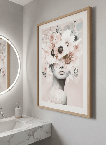 Modern print displayed in a clean minimalist bathroom setting