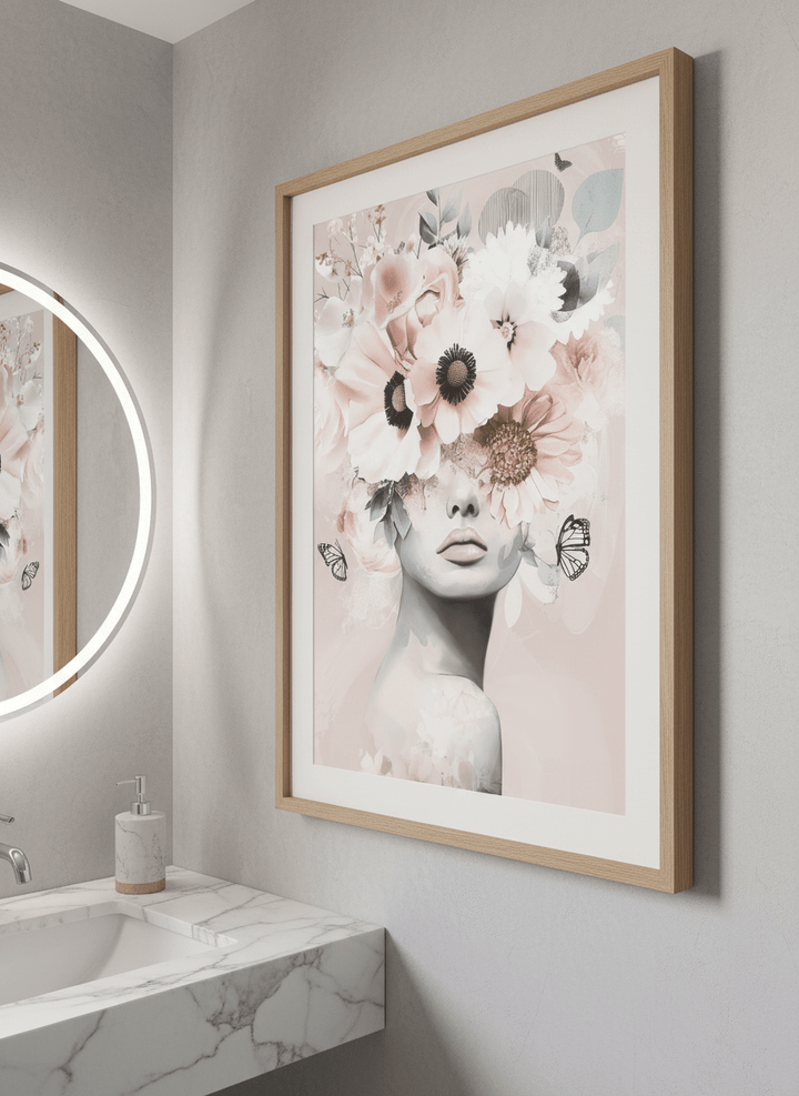 Modern print displayed in a clean minimalist bathroom setting