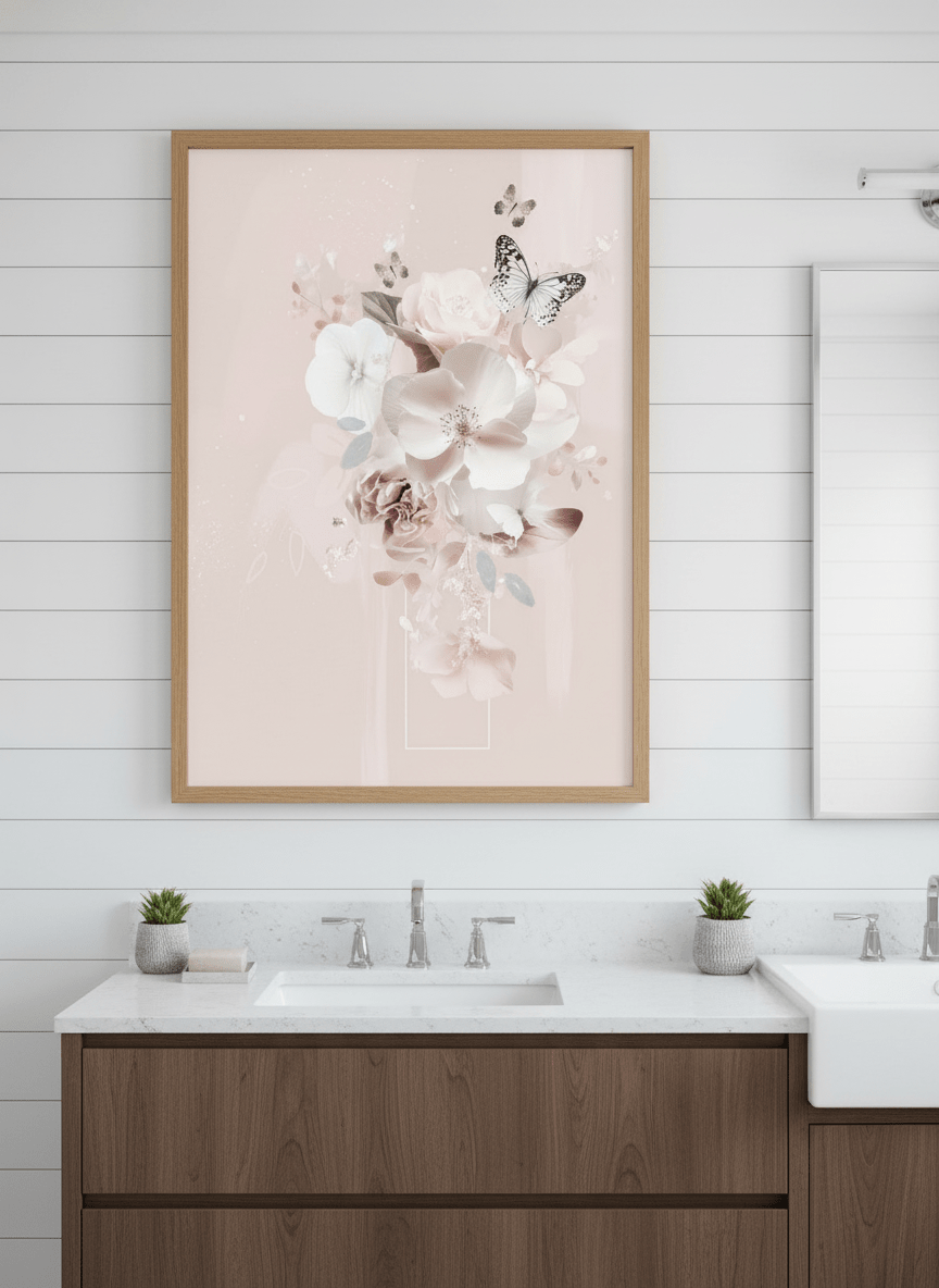 Modern print displayed in a clean minimalist bathroom setting