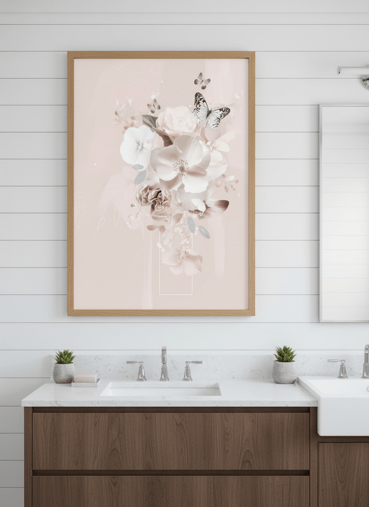 Modern print displayed in a clean minimalist bathroom setting