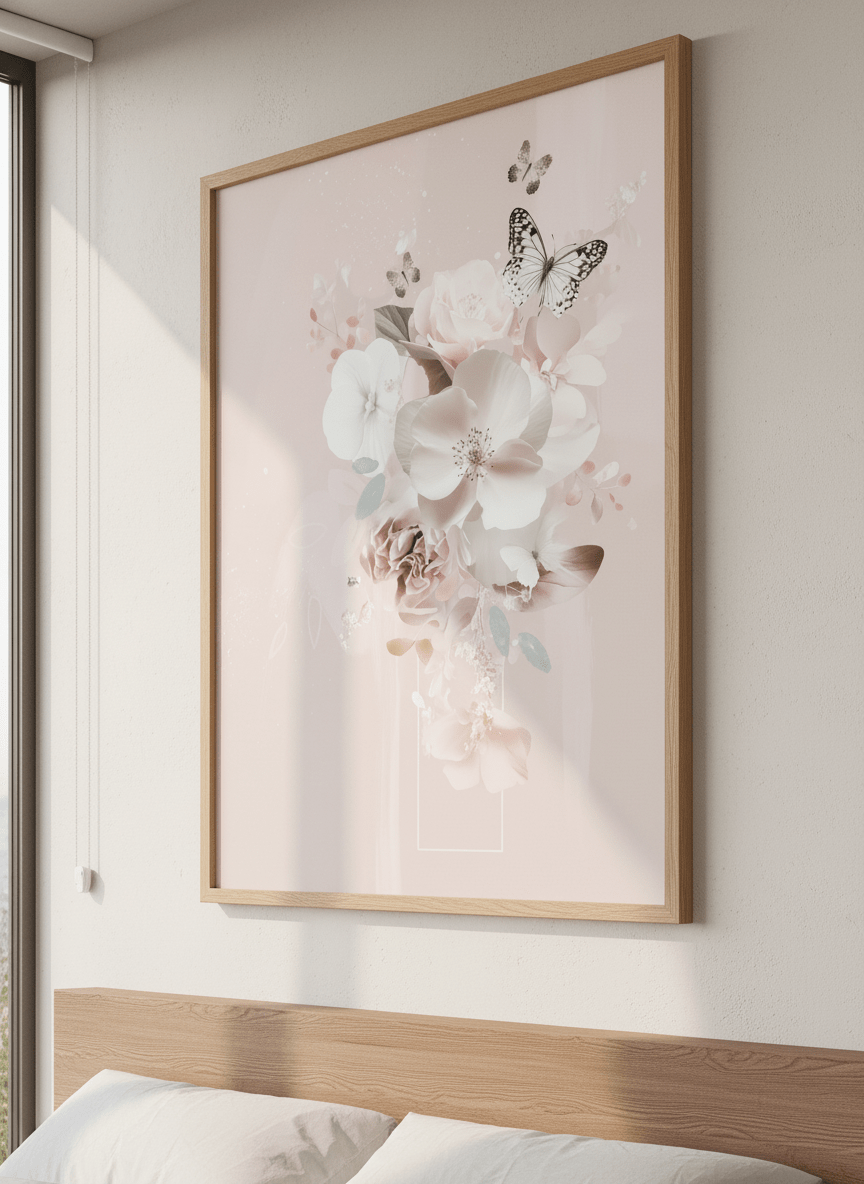Minimalist artwork displayed in a calm, light-filled bedroom interior