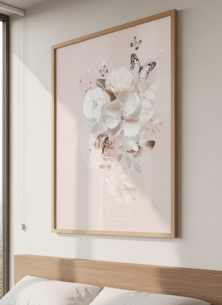 Minimalist artwork displayed in a calm, light-filled bedroom interior