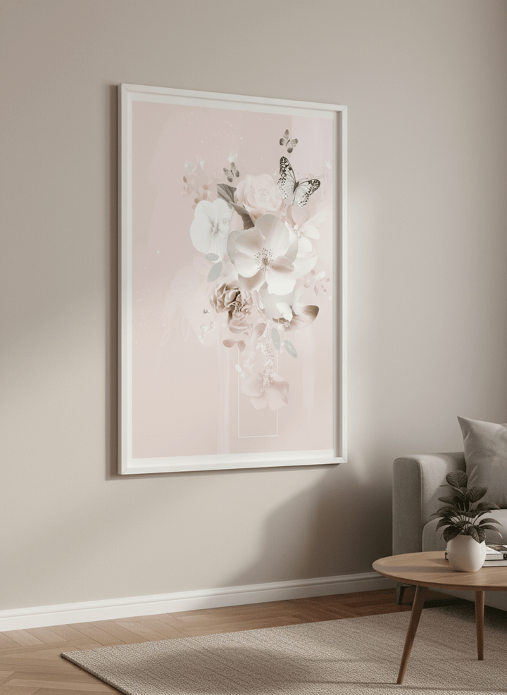 Modern wall art styled above a sofa in a neutral living room