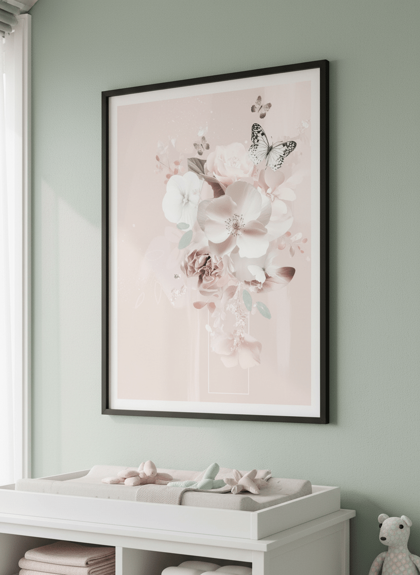 Soft neutral wall art styled in a serene nursery with pastel tones