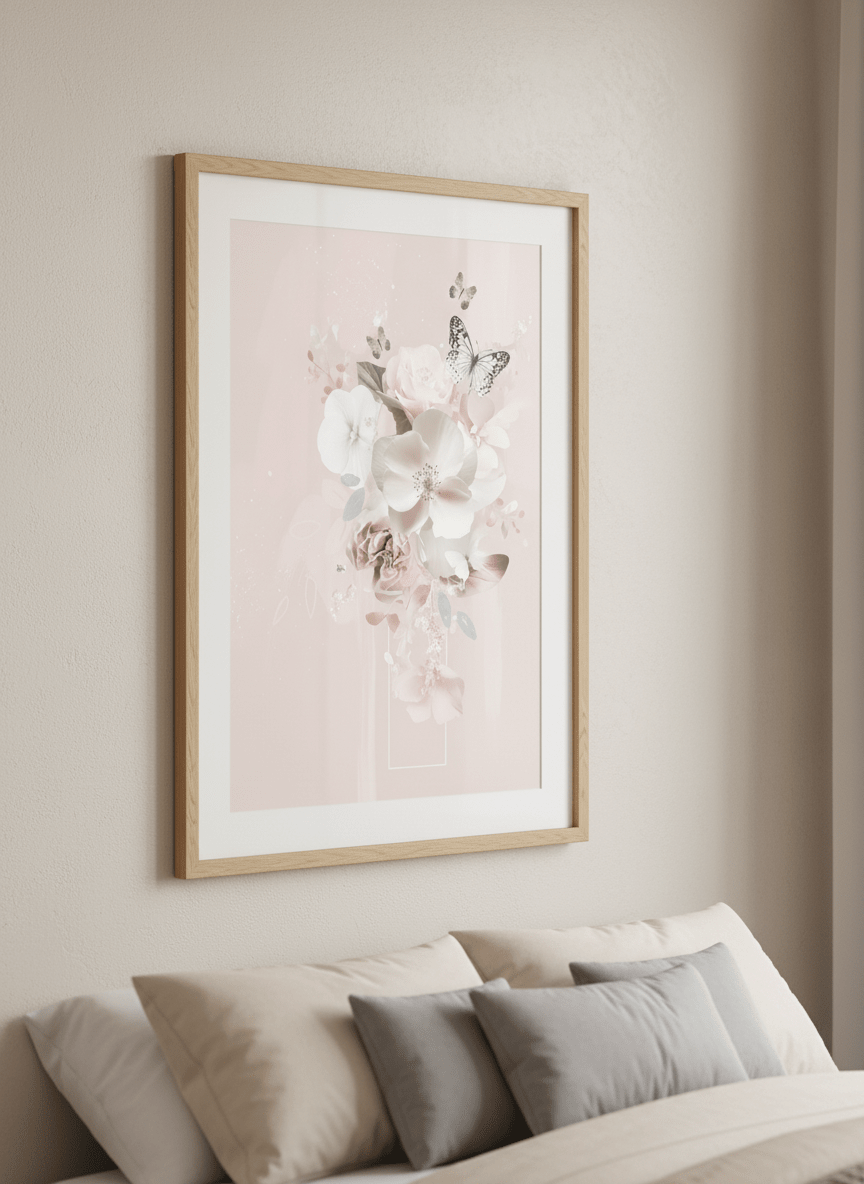 Minimalist artwork displayed in a calm, light-filled bedroom interior