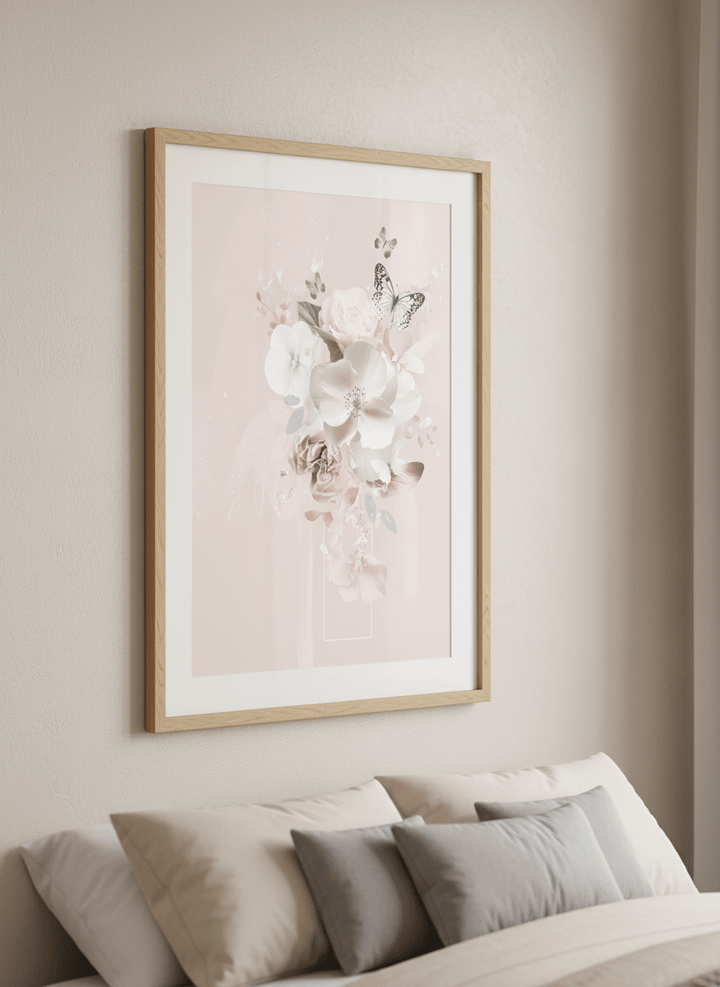 Minimalist artwork displayed in a calm, light-filled bedroom interior