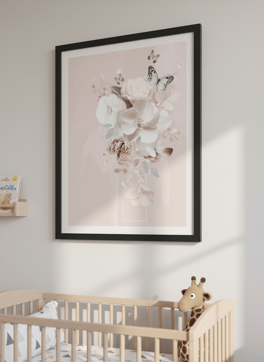 Soft neutral wall art styled in a serene nursery with pastel tones
