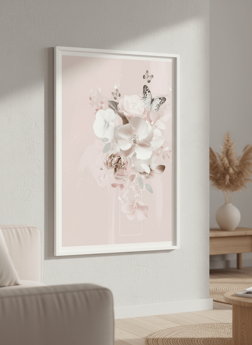 Modern wall art styled above a sofa in a neutral living room