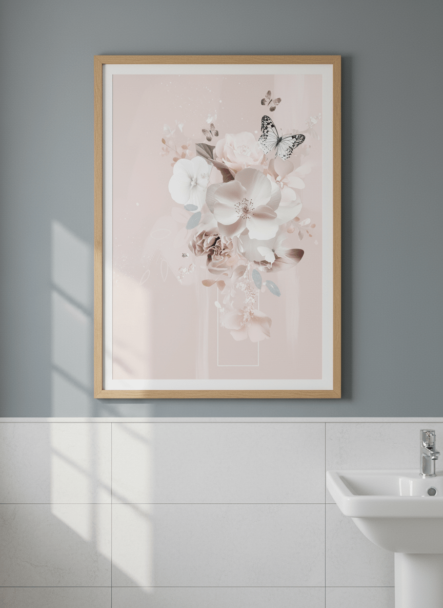 Modern print displayed in a clean minimalist bathroom setting