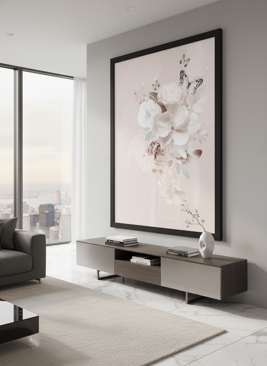 Monumental artwork centred on a feature wall in a luxe interior