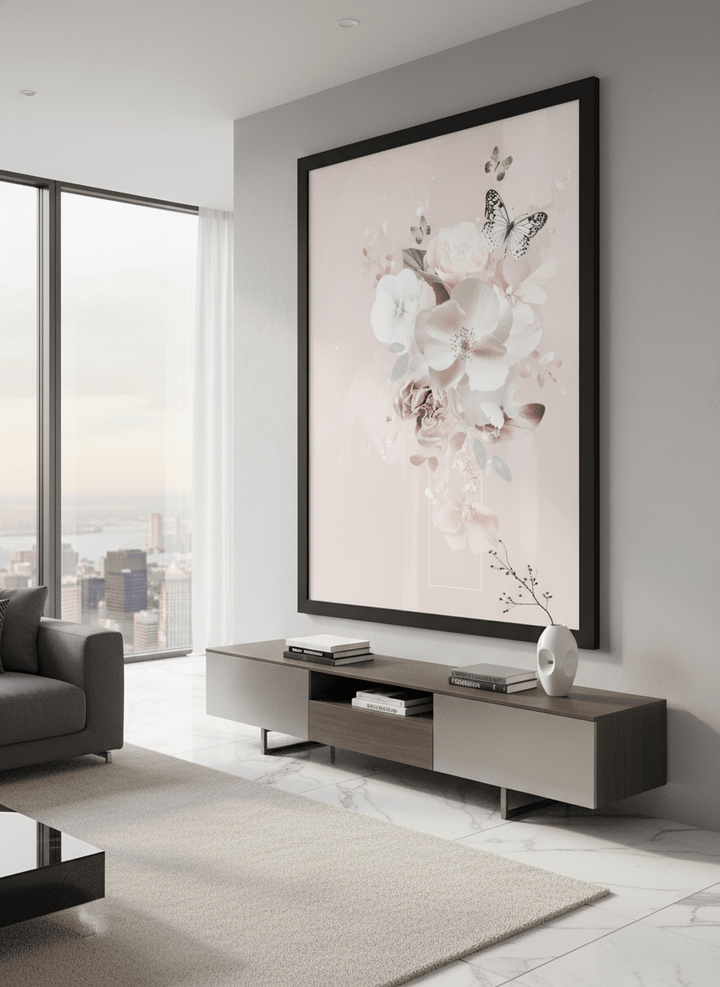 Monumental artwork centred on a feature wall in a luxe interior