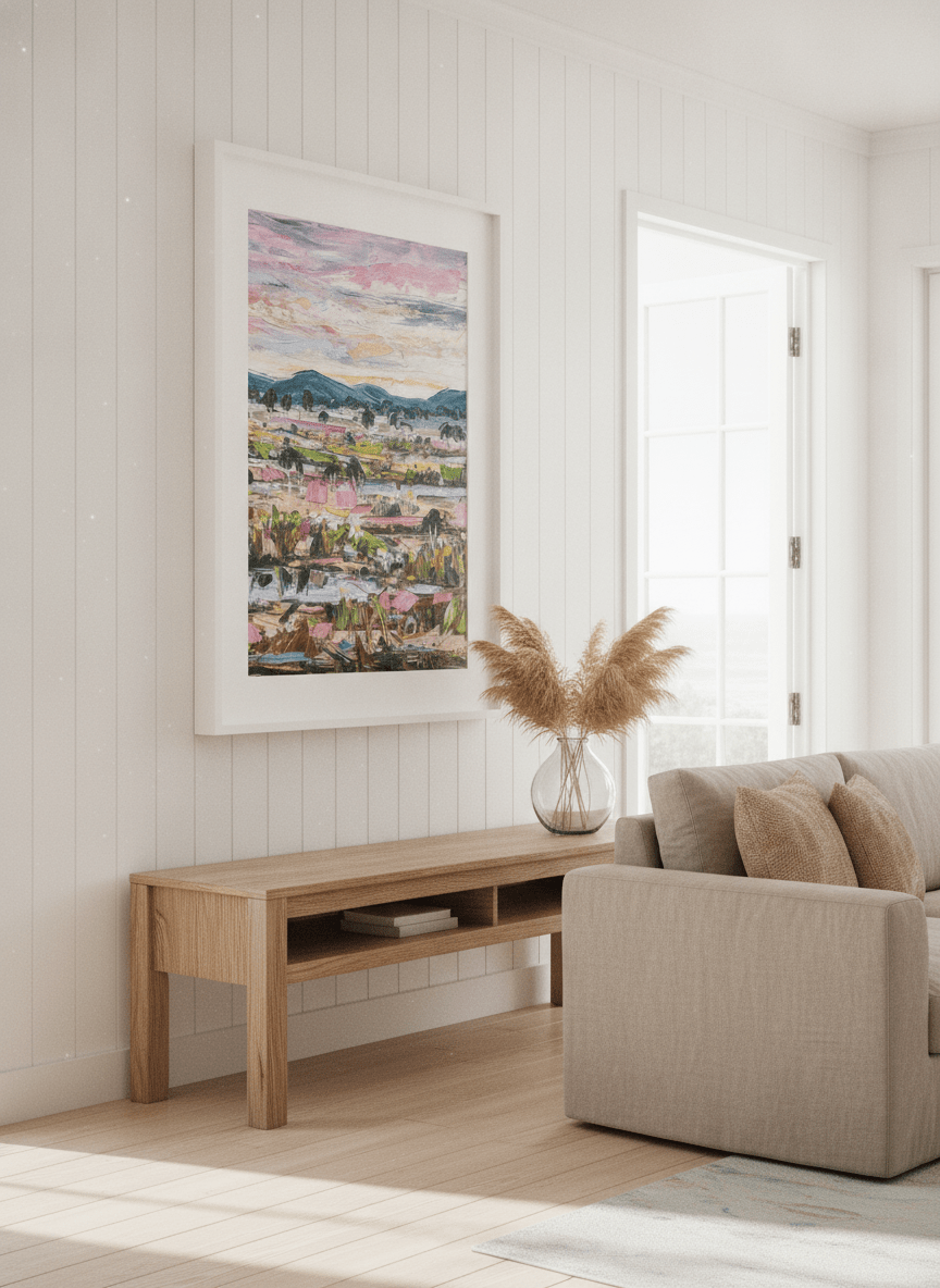 Neutral wall art displayed in a sunny coastal beach house