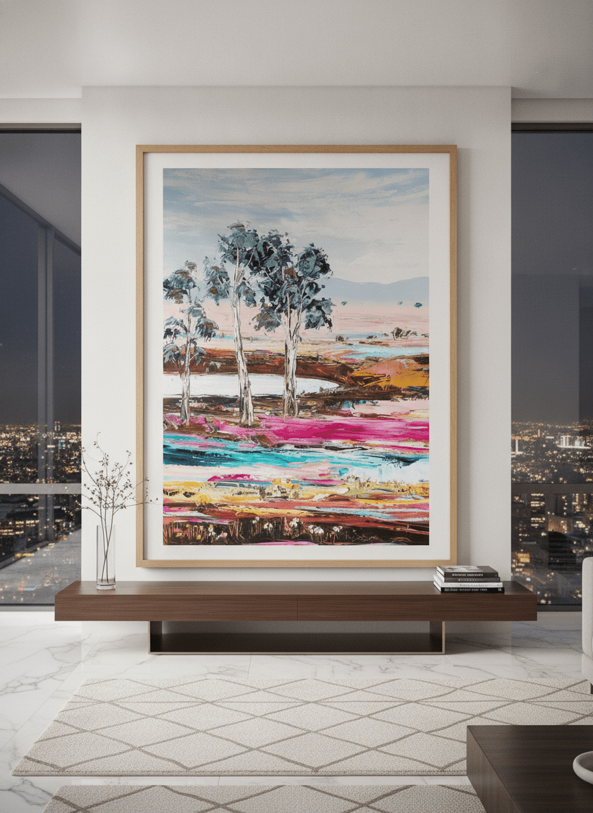 Monumental artwork centred on a feature wall in a luxe interior