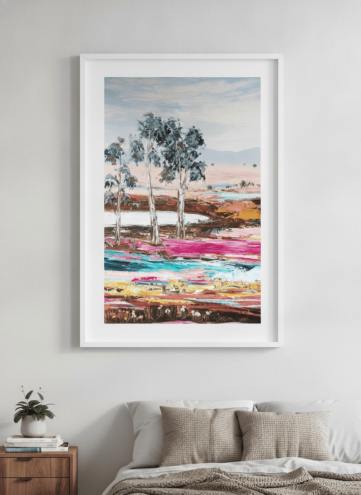 Minimalist artwork displayed in a calm, light-filled bedroom interior