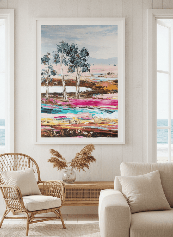 Neutral wall art displayed in a sunny coastal beach house