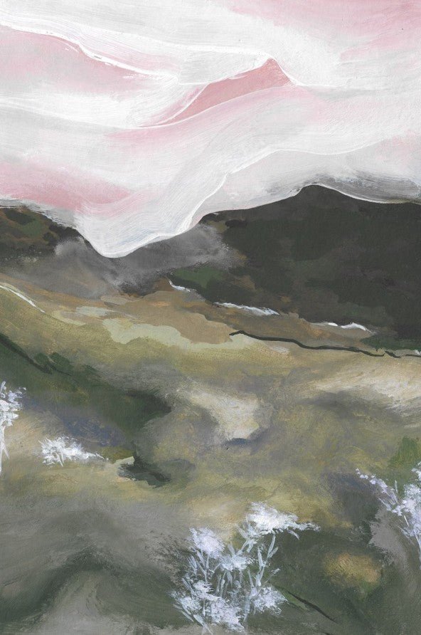 Abstract art with pink, white, and brown colors framed