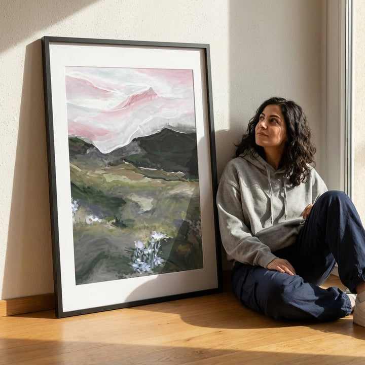 Woman sitting on the floor next to a large painting of a landscape.