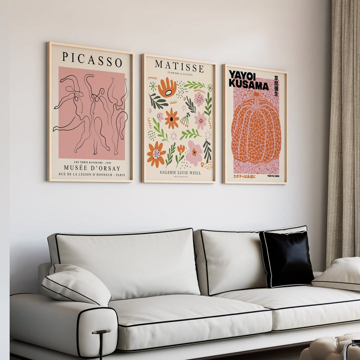 Pink Yayoi, Picasso and Matisse Flower Wall Prints - Set of 3 - Style My Wall