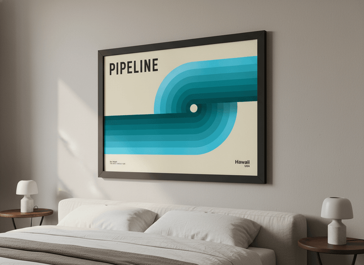 Minimalist artwork displayed in a calm, light-filled bedroom interior