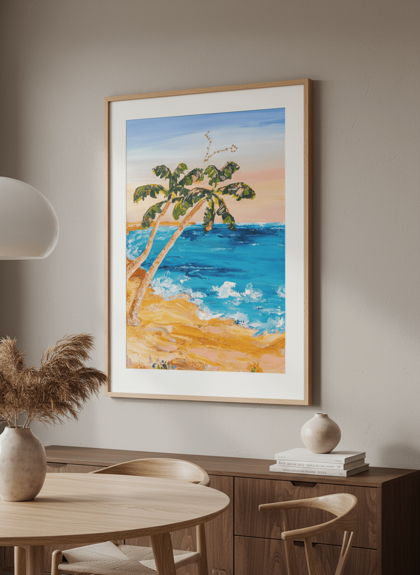 Wall art styled above a dining table in a contemporary home