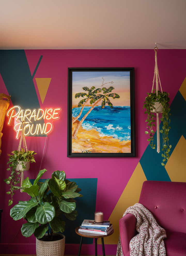 Bold wall art styled in a colourful, eclectic modern home