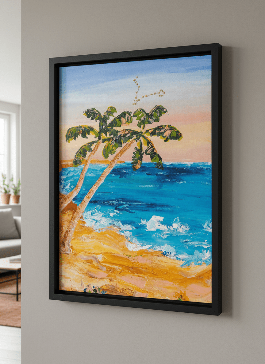 Modern wall art styled above a sofa in a neutral living room
