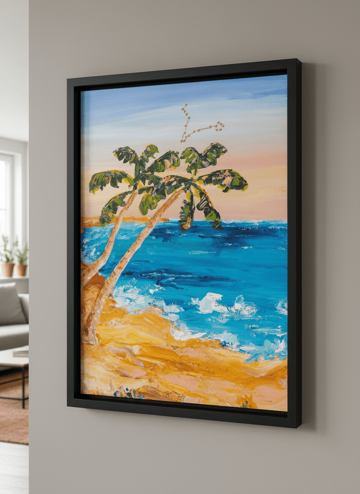 Modern wall art styled above a sofa in a neutral living room