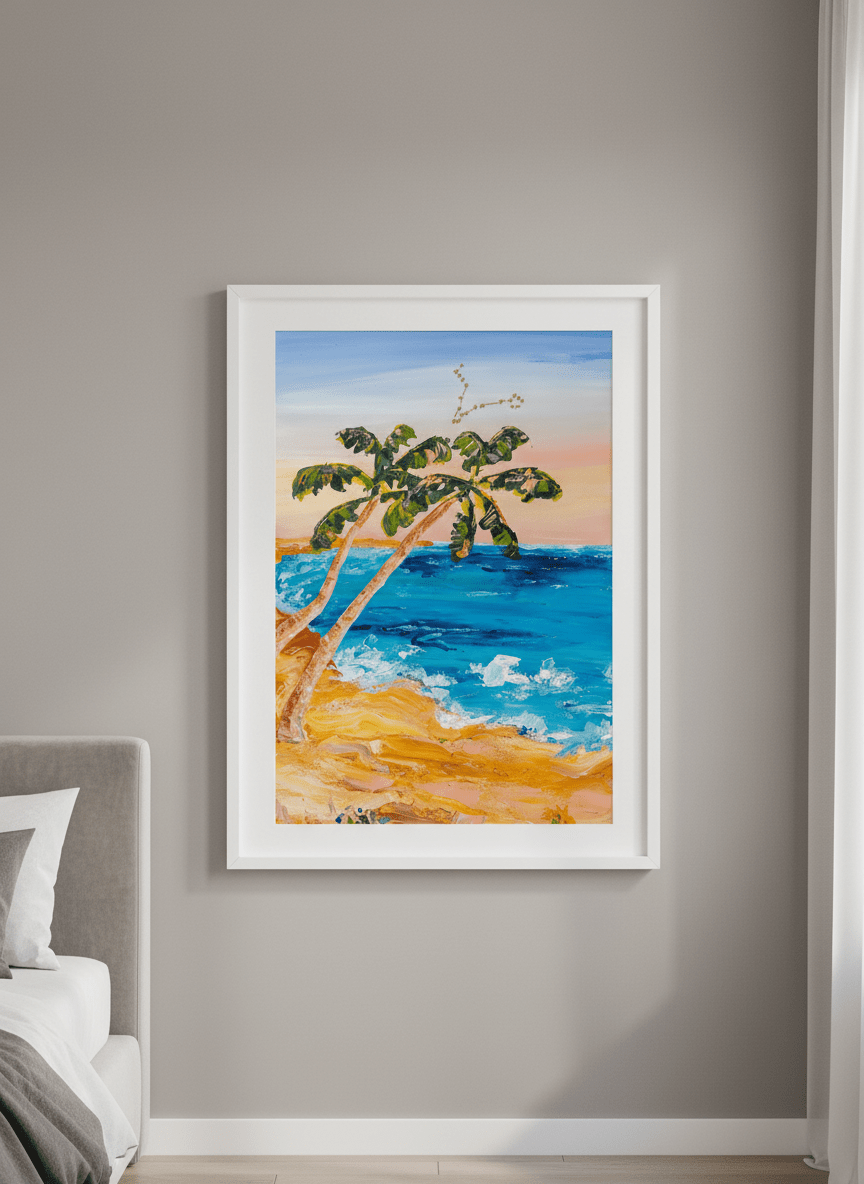 Minimalist artwork displayed in a calm, light-filled bedroom interior
