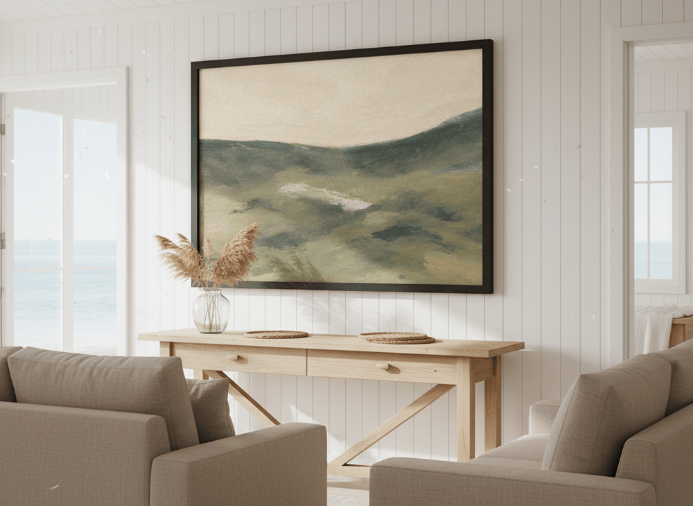 Neutral wall art displayed in a sunny coastal beach house