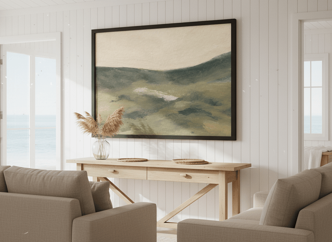 Neutral wall art displayed in a sunny coastal beach house