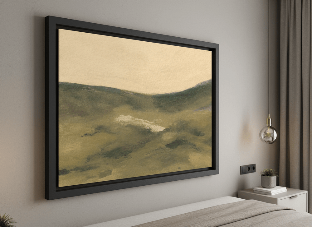 Minimalist artwork displayed in a calm, light-filled bedroom interior