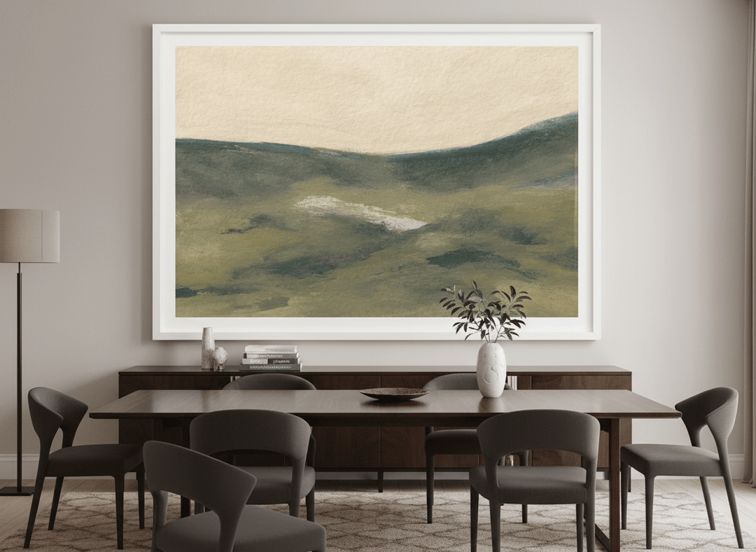 Monumental artwork centred on a feature wall in a luxe interior