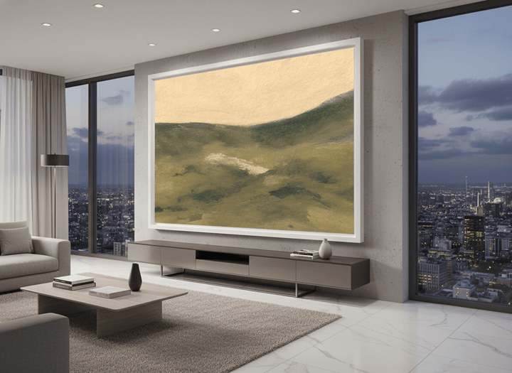 Monumental artwork centred on a feature wall in a luxe interior