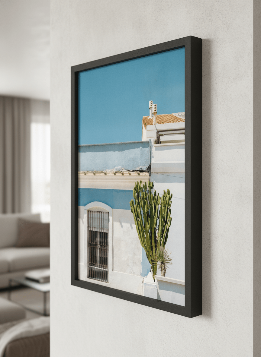 Modern wall art styled above a sofa in a neutral living room