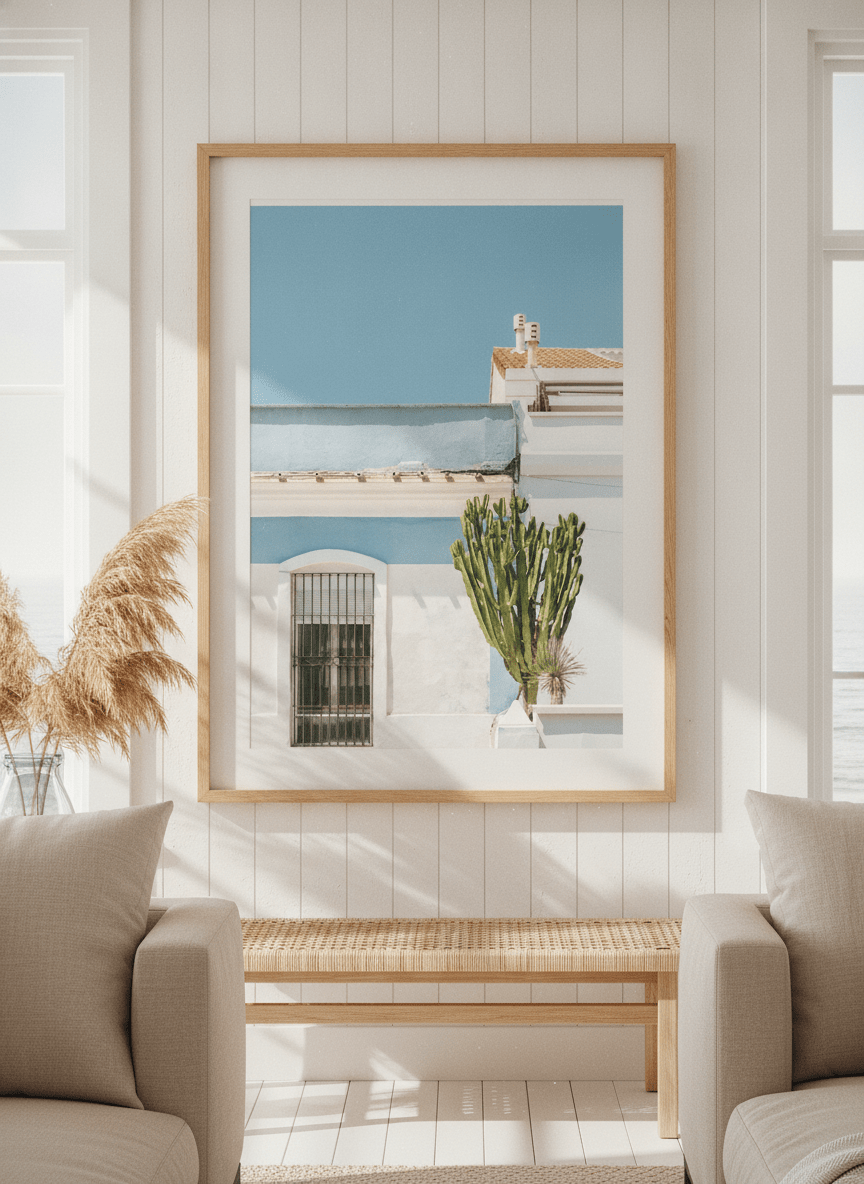 Neutral wall art displayed in a sunny coastal beach house