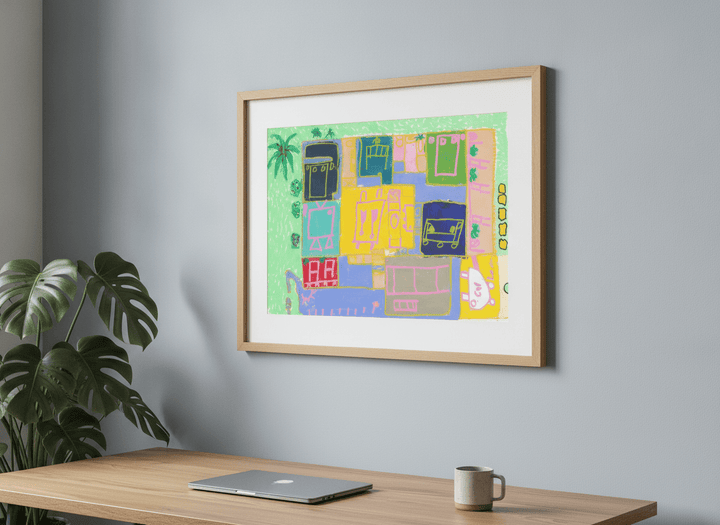 Contemporary wall art featured in a bright modern office workspace