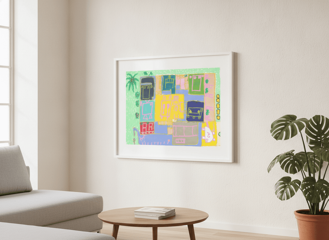 Modern wall art styled above a sofa in a neutral living room