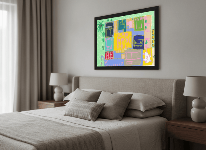 Minimalist artwork displayed in a calm, light-filled bedroom interior