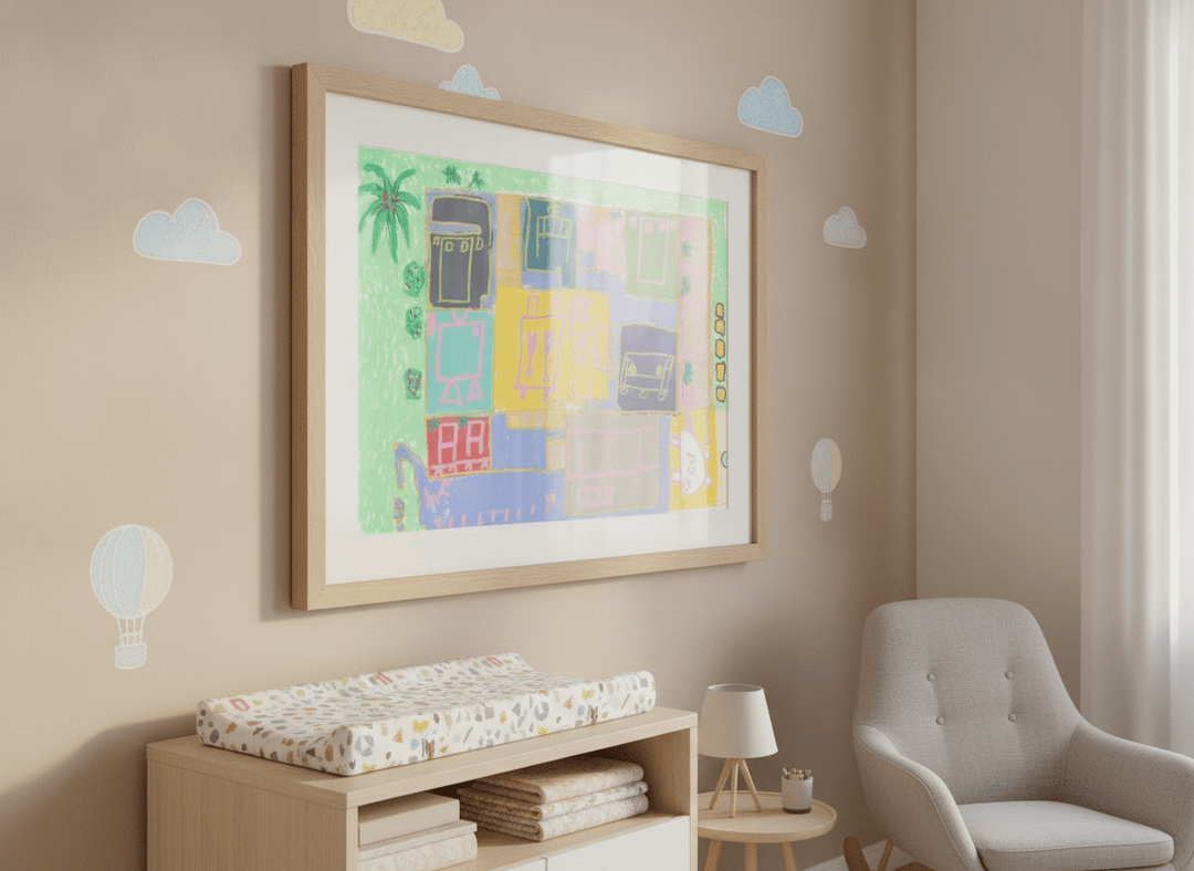Soft neutral wall art styled in a serene nursery with pastel tones