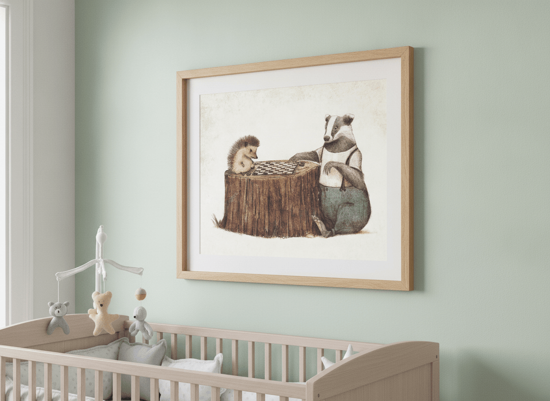Soft neutral wall art styled in a serene nursery with pastel tones