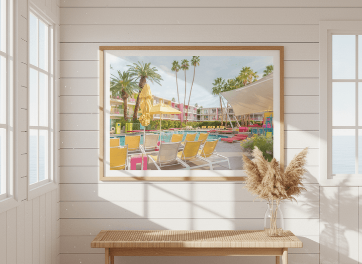 Neutral wall art displayed in a sunny coastal beach house