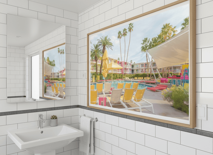 Modern print displayed in a clean minimalist bathroom setting